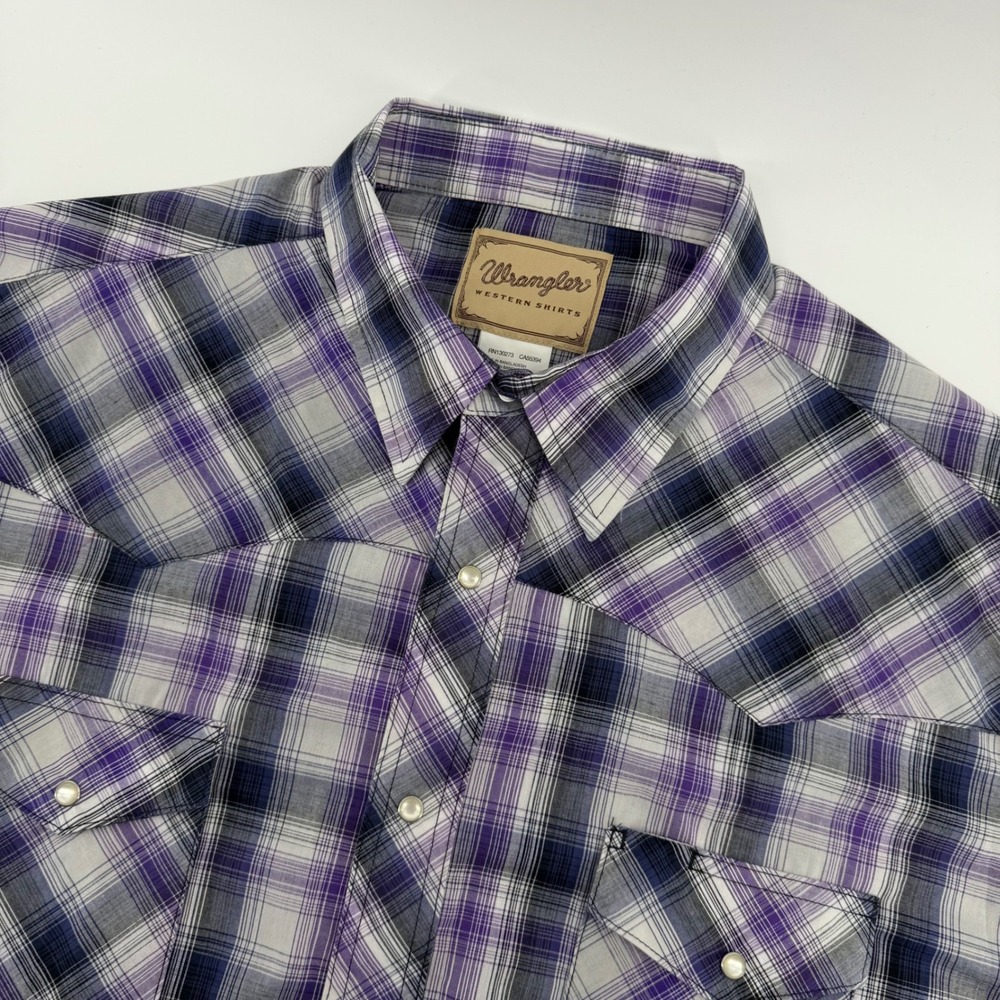 Wrangler Western Shirt Mens 2XL Purple Plaid Pearl Snap Short Sleeve WM220PL